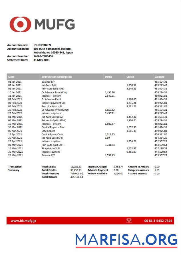 Downloadable Japan Mufg bank statement word download for verification